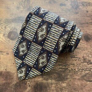 Ermenegildo Zegna Silk Necktie Italy Checkerboard Floral Stars Navy Brown Tie